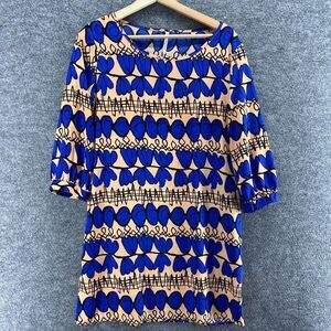 My Story Dress Women M Medium Blue Geometric Shift Short Long Sleeve Casual